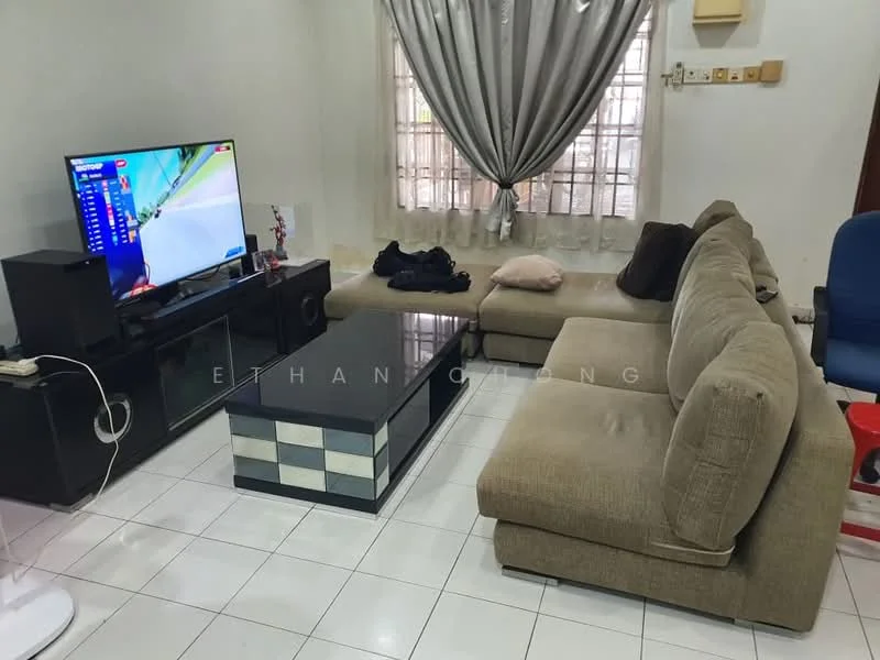 Living features: L-shape sectional sofa in beige, coffee table with decorative pattern, wall-mounted TV, TV console in black, white tiled flooring, curtains in light grey, floor-to-ceiling windows, decorative cushions, wall-mounted shelving unit, air conditioning unit; style: modern.