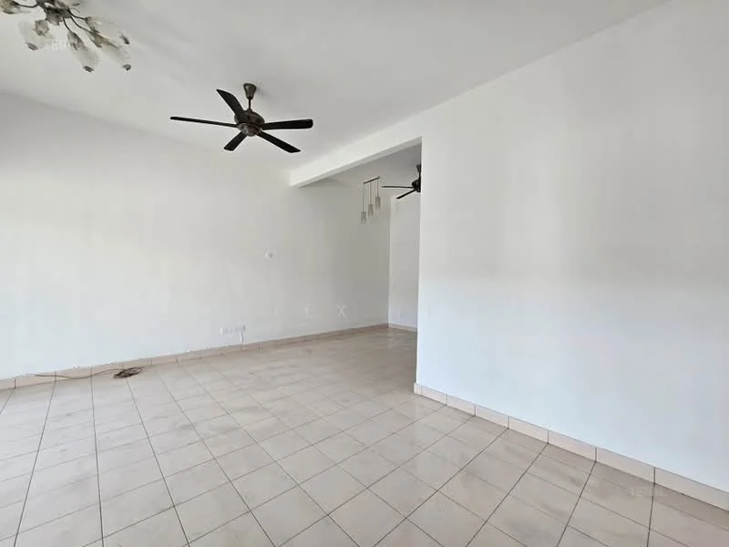 Living features: white painted walls, tile flooring, 5-blade ceiling fan, 2 ceiling fans, open layout, natural light, no visible furniture, neutral color scheme; style: minimalist.