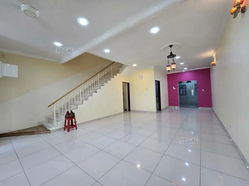 Living features: white painted walls, glossy ceramic tile flooring, staircase with wooden handrail, recessed downlights, pendant light fixture, open layout, doorway leading to other rooms, pink accent wall, decorative wall sconces; style: modern.