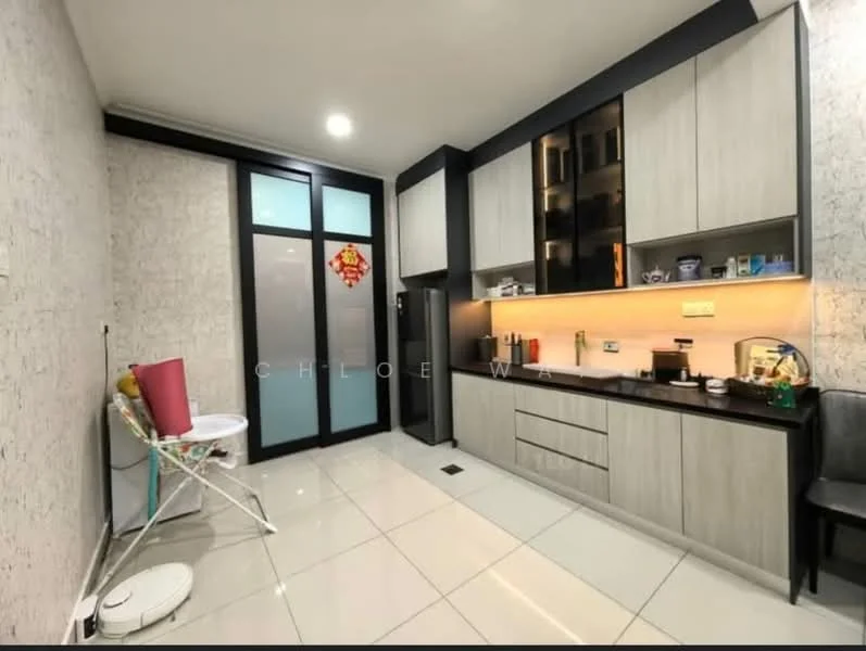 Kitchen features: grey laminate cabinetry, black countertop, stainless-steel fridge, built-in oven, ceramic tile flooring, white walls with textured wallpaper, recessed LED downlights, single-bowl stainless-steel sink, chrome pull-down faucet, kitchen island, open shelving, decorative wall art; style: modern.