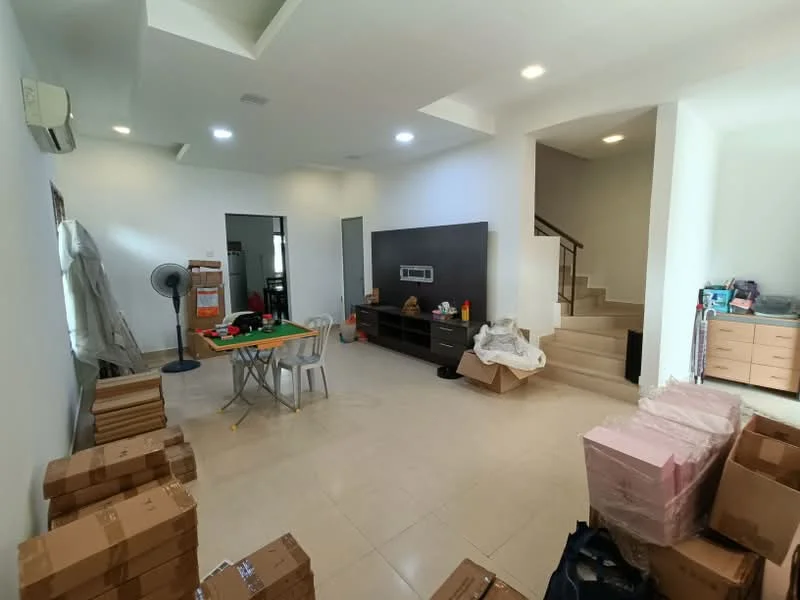 Living features: white painted walls, tile flooring, recessed ceiling lights, wall-mounted TV, TV console, ceiling fan, large window, dining table with chairs, staircase leading to upper floor, boxes stacked in the corner, open layout, air conditioning unit; style: modern.