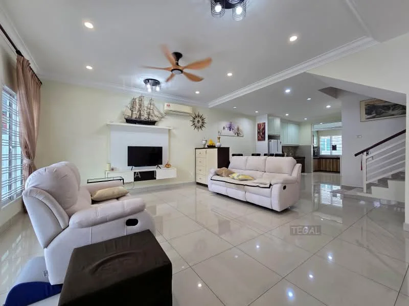 Living features: cream painted walls, white ceiling with crown moulding, marble tile flooring, 5-blade ceiling fan with light, large windows with sheer curtains, wall-mounted TV, entertainment unit, 2-seater fabric sofa in beige, 3-seater fabric sofa in light grey, decorative ship model on wall, coffee table, decorative wall clock; style: modern.