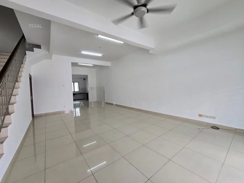 Living features: white painted walls, glossy ceramic tile flooring, 5-blade ceiling fan, recessed LED downlights, large windows, open layout, neutral color scheme, no visible furniture; style: modern.