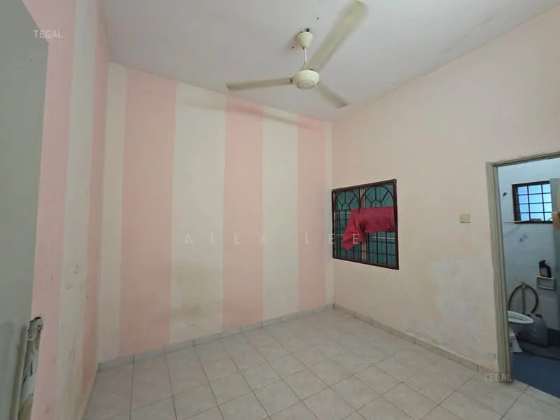 Room features: pink and cream striped walls, white tiled flooring, ceiling fan, window with black grille, bathroom visible through door, light switch on wall, no visible furniture.