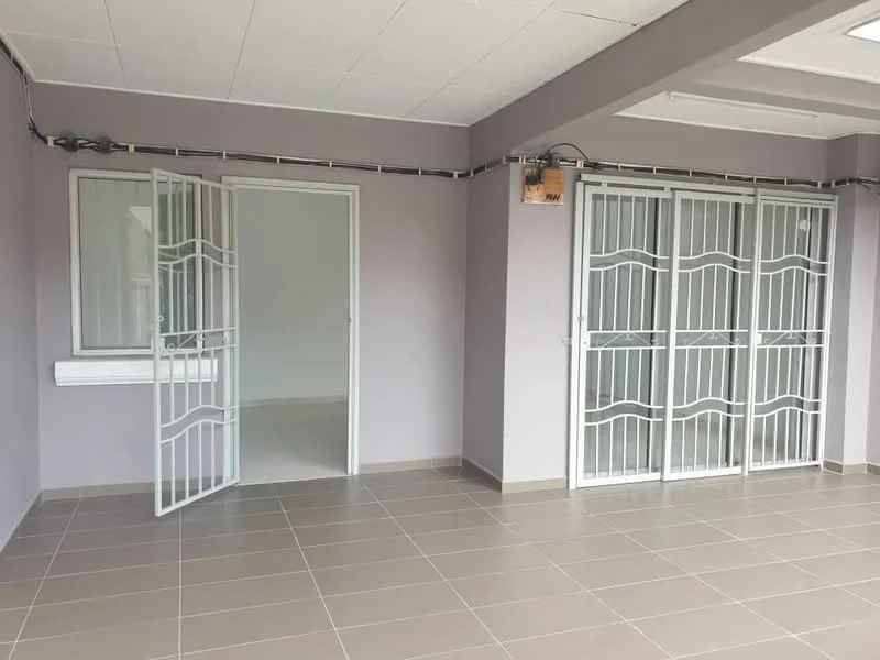 Room features: grey painted walls, white ceiling, tile flooring, security grilles on doors, large window, open layout, neutral color scheme, no visible furniture; style: modern.