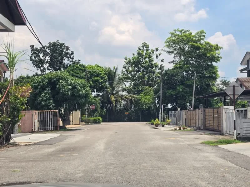 Exterior features: paved road, surrounded by greenery, residential houses on both sides, tall trees, street signage, fenced properties, driveways, open space, clear blue sky.