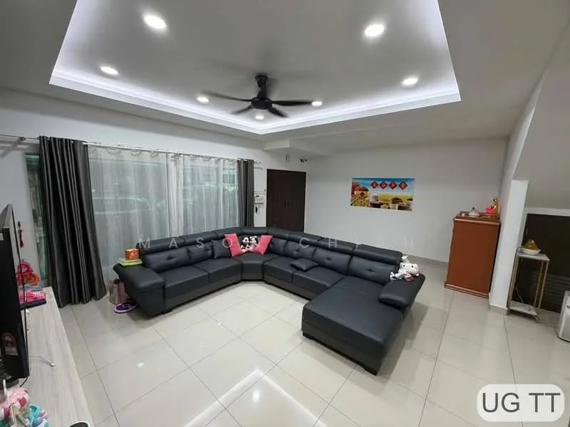 Living features: L-shape sectional sofa in black leather, coffee table, wall-mounted TV, TV console, recessed downlights, ceiling fan, white painted walls, glossy tile flooring, floor-to-ceiling windows with sheer curtains, decorative wall art, area rug; style: modern.