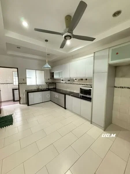 Kitchen features: white cabinetry with flat-panel doors, black countertop, stainless-steel built-in oven, stainless-steel microwave, stainless-steel fridge, 4-burner gas hob, single-bowl stainless-steel sink, chrome pull-down faucet, pendant light fixture, 5-blade ceiling fan, tile flooring in cream, wall tiles with decorative border, window with sheer curtains; style: modern.