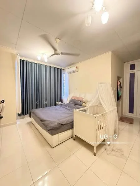 Bedroom features: queen-size bed with grey bedding, white bed frame, white crib, 5-blade ceiling fan with light, floor-to-ceiling windows with grey curtains, white tiled flooring, air conditioning unit on wall, built-in wardrobe with sliding doors, decorative wall art; style: modern.