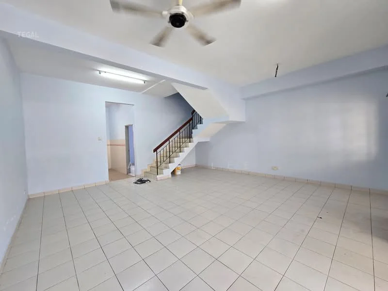 Room features: light blue painted walls, white ceiling, ceiling fan, tiled flooring, staircase with wooden railing, large windows, empty space, no visible furniture; style: minimalist.