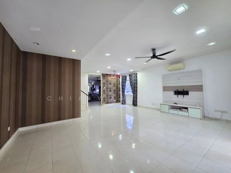Living features: cream tiled flooring, striped accent wall in brown and beige, white painted walls, recessed LED downlights, 5-blade ceiling fan, wall-mounted TV, TV console in white, curtains with geometric pattern, air conditioning unit, open layout to adjacent room; style: modern.