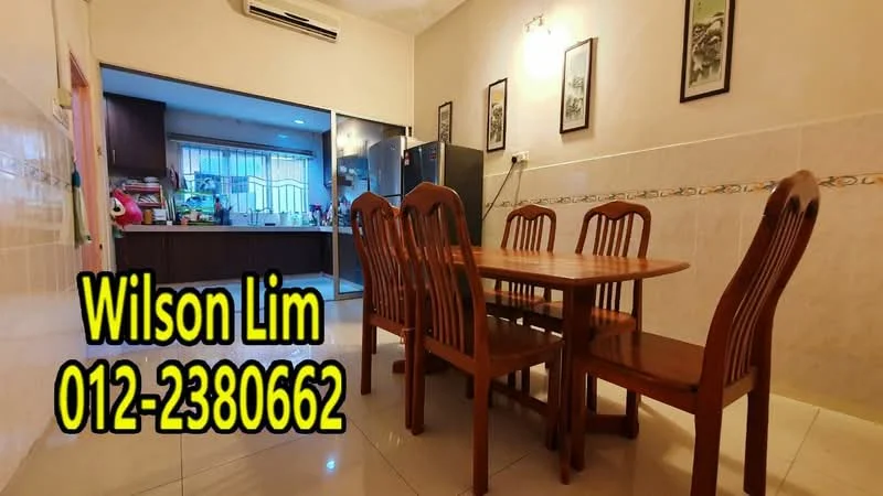 Dining features: wooden dining table, 6 wooden dining chairs, white tiled flooring, wall-mounted air conditioning unit, framed artwork on walls, open layout to kitchen, natural light from window, kitchen appliances visible in background; style: modern.
