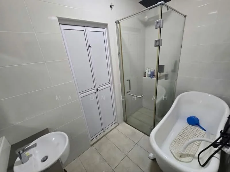 Bathroom features: glass shower enclosure, freestanding bathtub, single-bowl sink, chrome faucet, white tiled walls, cream tiled flooring, built-in cabinet, mirror above sink; style: modern.