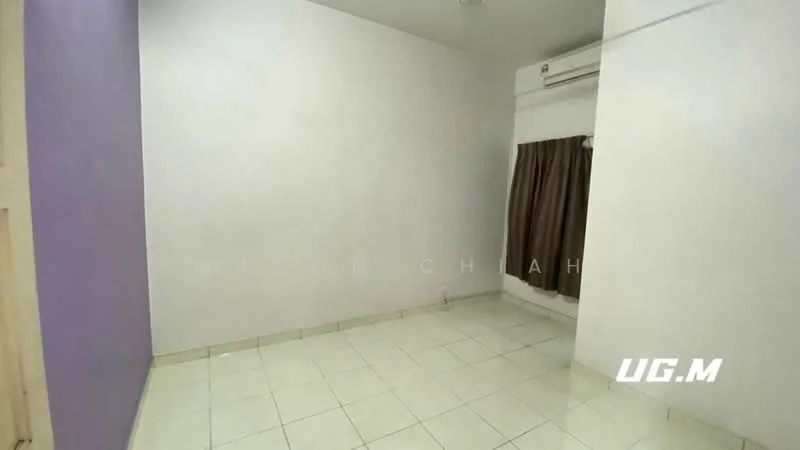 Room features: white painted walls, purple accent wall, glossy ceramic tile flooring, 1 wall-mounted split AC, brown curtains, ceiling light.