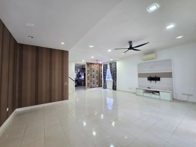 Living features: cream tiled flooring, brown striped accent wall, white painted walls, recessed downlights, 5-blade ceiling fan with light, wall-mounted TV, TV console in white, large windows with sheer curtains, air conditioning unit, open layout to kitchen, decorative wall paneling; style: modern.