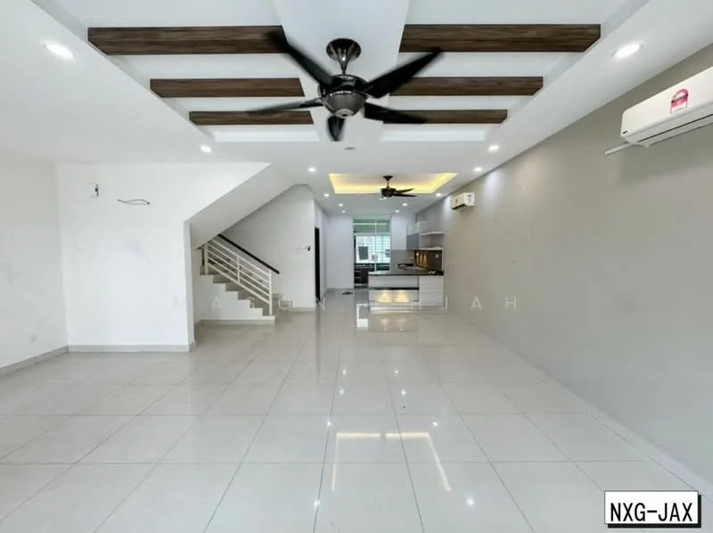 Living features: white painted walls, grey accent wall, polished ceramic tile flooring, 5-blade ceiling fan with light, recessed downlights, exposed wooden beams on ceiling, air conditioning unit, large windows for natural light, open layout, staircase visible in background; style: modern.