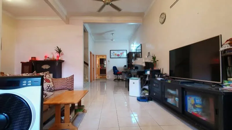 Living features: white painted walls, glossy tile flooring, 5-blade ceiling fan, wall-mounted TV, black TV console, wooden coffee table, sofa with decorative cushions, decorative wall clock, artwork on wall, open layout to adjacent rooms; style: modern.
