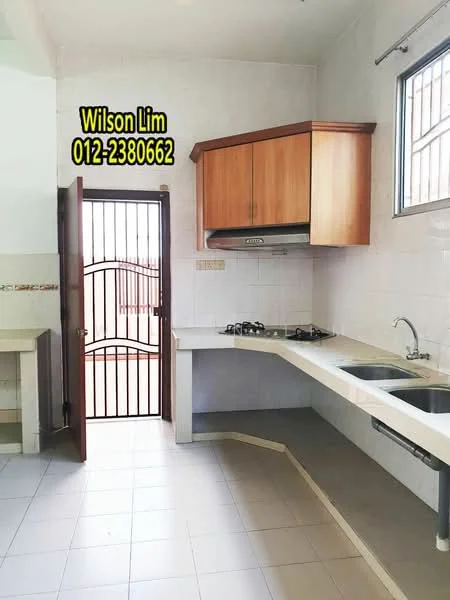 Kitchen features: L-shaped countertop, white tiled backsplash, brown wooden cabinetry, stainless-steel double-bowl sink, chrome pull-down faucet, 4-burner gas hob, built-in range hood, grey tiled flooring, window with metal grille, door leading outside; style: modern.