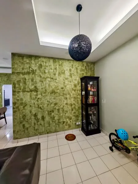 Room features: green textured accent wall, white painted walls, tile flooring, recessed ceiling with lighting, pendant light fixture, display cabinet, decorative rug, child's tricycle; style: modern.