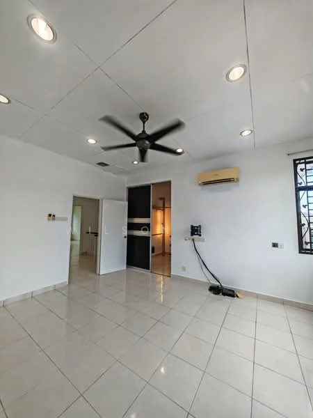 Room features: white painted walls, ceiling with recessed lighting, 5-blade ceiling fan, glossy ceramic tile flooring, air conditioning unit, window with decorative grille, doorway leading to another room, wall-mounted electrical outlets; style: modern.