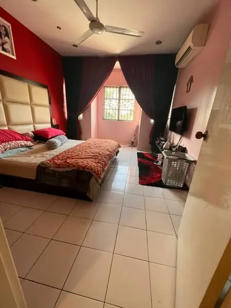 Bedroom features: king-size bed with upholstered headboard, red accent wall, light pink painted walls, white tiled flooring, ceiling fan, wall-mounted TV, black curtains, decorative area rug, window with grille, built-in wardrobe; style: modern.