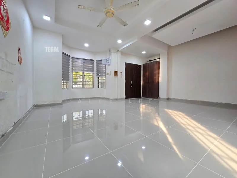 Room features: white painted walls, grey tiled flooring, ceiling fan, recessed downlights, large windows with blinds, wooden door, corner wall with decorative element, natural light from windows; style: modern.