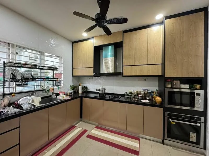 Kitchen features: black countertop, wood cabinetry with light wood finish, stainless-steel built-in oven, stainless-steel microwave, single-bowl stainless-steel sink, chrome pull-down faucet, 5-blade ceiling fan, ceramic tile flooring, window with metal grille, open shelving, area rug with striped pattern, various kitchen utensils and containers on countertop; style: modern.