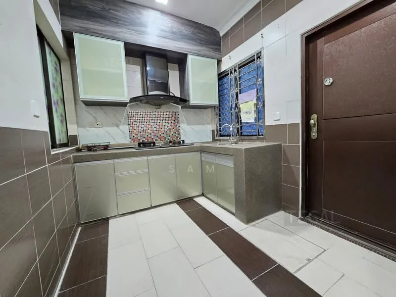 Kitchen features: green cabinetry, grey countertop, stainless-steel gas hob, exhaust hood, mosaic tile backsplash, white tiled walls, dark brown tiled flooring, single-bowl stainless-steel sink, window with blue curtains, door leading outside; style: modern.