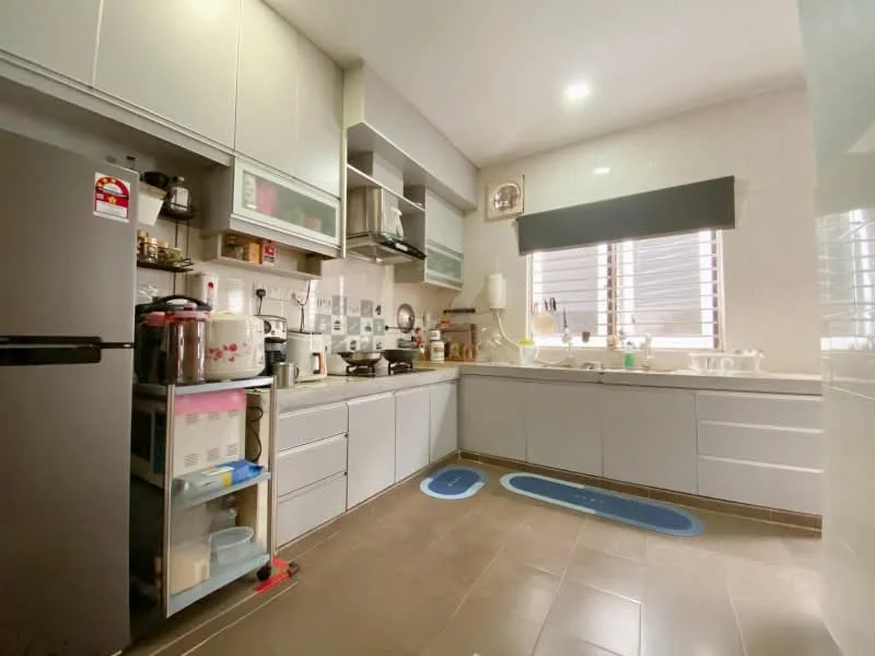Kitchen features: grey cabinetry, white countertop, stainless-steel sink, chrome pull-down faucet, built-in oven, freestanding range oven, microwave, refrigerator, ceramic tile flooring, window with blinds, wall-mounted shelves, kitchen utensils, decorative items on countertop; style: modern.
