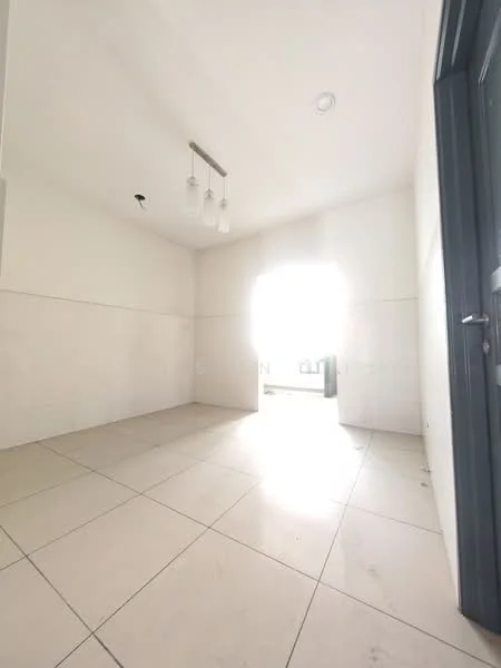 Room features: white painted walls, tile flooring, recessed ceiling lights, large window allowing natural light, door leading to another space.