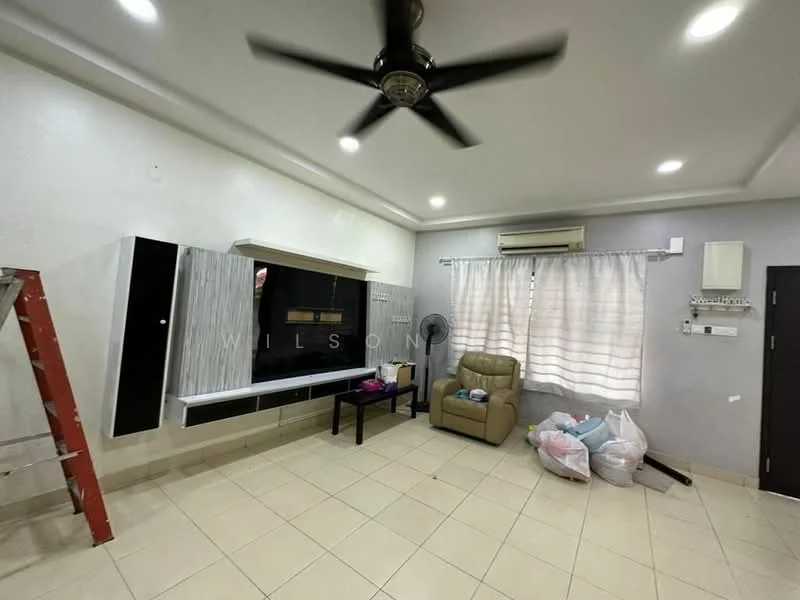 Living features: cream painted walls, tile flooring, 5-blade ceiling fan with light, wall-mounted TV, black entertainment unit, light-colored sofa, curtains, air conditioning unit, decorative wall panel, ladder, plastic bags, fan, side table; style: modern.