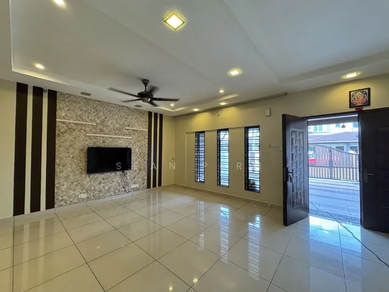 Living features: white painted walls, cream tiled flooring, exposed stone feature wall, wall-mounted TV, 5-blade ceiling fan, recessed downlights, large windows with black frames, double main door with glass panels; style: modern; view: street.