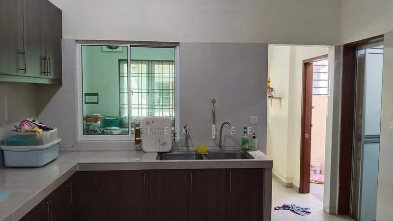 Kitchen features: single-bowl stainless-steel sink, chrome pull-down faucet, grey laminate cabinetry, light grey countertop, tile backsplash, window with grid pattern, visible kitchen appliances, floor tiles, open layout to adjacent room; style: modern. Room features: doorway leading to another room, light-colored walls, floor tiles.