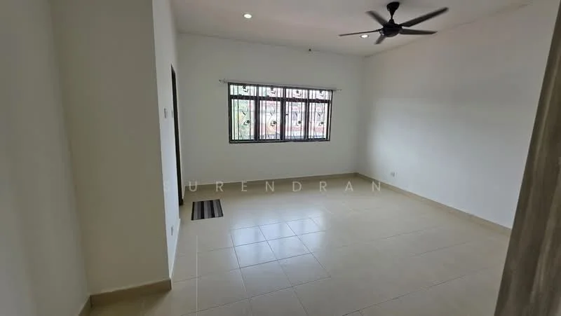 Room features: white painted walls, tile flooring, 5-blade ceiling fan, large window with black grille, natural light from window, neutral color scheme, no visible furniture, clean and uncluttered space; style: modern; view: garden.