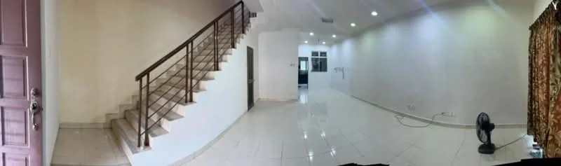 Living features: white painted walls, glossy ceramic tile flooring, recessed downlights, staircase with metal railing, large windows, ceiling fan, open layout, neutral color scheme; style: modern.
