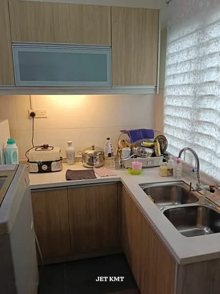 Kitchen features: double-bowl stainless-steel sink, chrome pull-down faucet, white countertop, wood cabinetry with light brown finish, built-in oven, stainless-steel cooking pot, plastic containers, dish soap, kitchen towels, window with sheer curtains, grey tile flooring; style: modern.