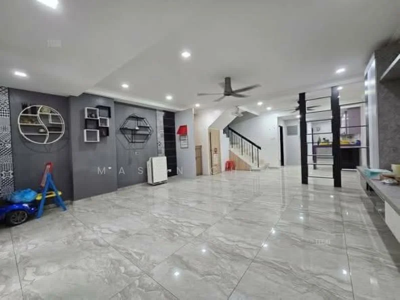Living features: marble tile flooring, white painted walls, recessed downlights, 5-blade ceiling fan, open layout, decorative wall with geometric pattern, built-in shelving units, staircase leading to upper floor, large windows for natural light, space for furniture arrangement, neutral color palette; style: modern.