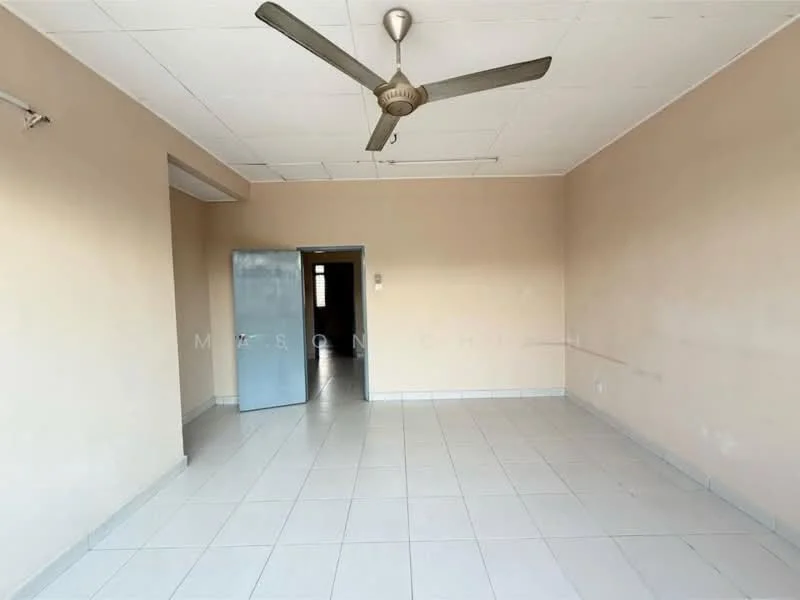 Room features: cream painted walls, plain ceiling, ceiling fan, tile flooring, single door, window, light switch, neutral decor.