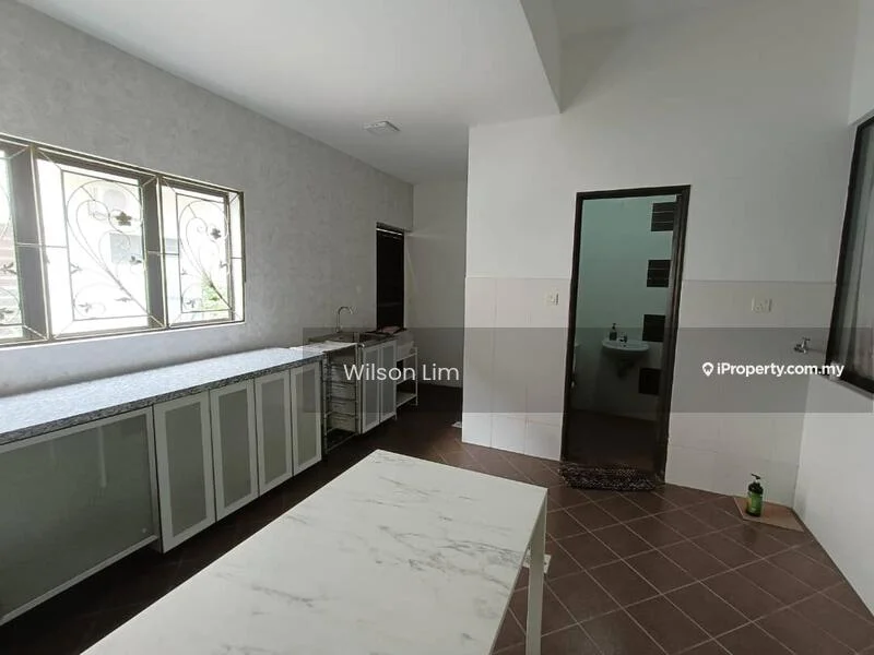 Kitchen features: white cabinetry with glass fronts, grey granite countertop, double-bowl stainless-steel sink, chrome pull-down faucet, tile backsplash, ceramic tile flooring, floor-to-ceiling windows, recessed lighting, open layout, kitchen island; style: modern. Room features: white painted walls, ceramic tile flooring, doorway leading to bathroom, light fixture.