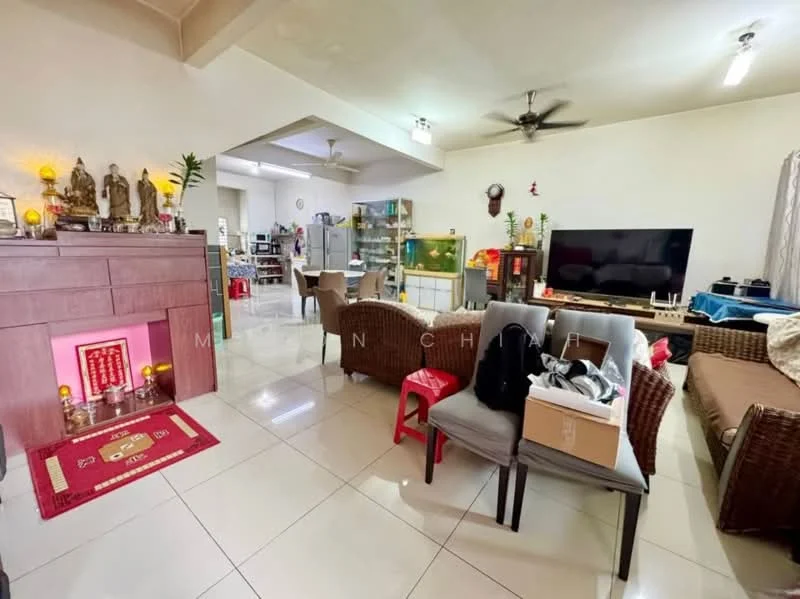 Living features: white painted walls, glossy ceramic tile flooring, 5-blade ceiling fan, wall-mounted TV, sofa set, coffee table, decorative altar, shelves with decorative items, multiple seating areas, large window with curtains, LED ceiling lights; style: traditional.