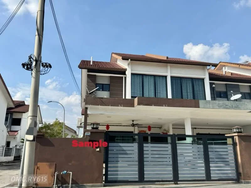 Exterior type: linked terrace house; features: two-storey building, brown painted facade, white window frames, sliding glass doors, metal gate, concrete driveway, red lantern decorations, roof with overhang, balcony on upper floor, visible air conditioning units, street lighting, power lines; style: modern.