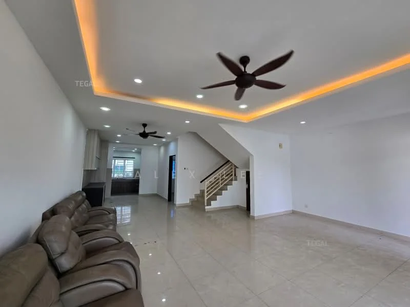 Living features: cream painted walls, glossy marble tile flooring, tray ceiling with recessed lighting, 2 ceiling fans, sofa in brown leather, open layout, natural light from windows, staircase leading to upper floor; style: modern.