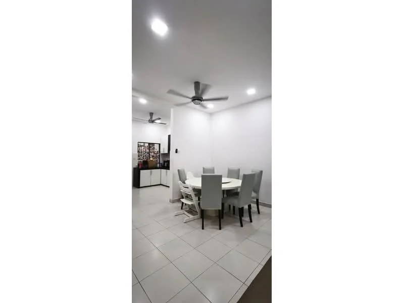 Dining features: white painted walls, tile flooring, 6-seater dining table, upholstered dining chairs in light grey, ceiling fan, recessed LED downlights, open layout to kitchen, corner cabinet, neutral decor; style: modern.