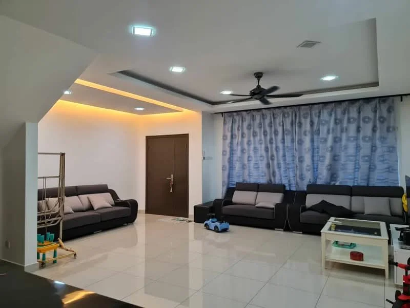 Living features: 2-seater fabric sofa in dark grey, 3-seater fabric sofa in dark grey, white tiled flooring, recessed ceiling lights, 5-blade ceiling fan with light, blue patterned curtains, decorative wall with LED strip lighting, white coffee table, toy car on floor, clothes drying rack; style: modern.