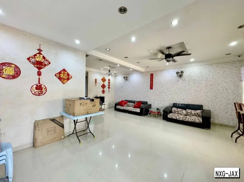 Living features: white painted walls, cream tiled flooring, tray ceiling with recessed lighting, 5-blade ceiling fan, two black leather sofas, decorative wall art, red decorative wall hangings, dining table with chairs, cardboard boxes, wall-mounted light fixtures; style: modern.