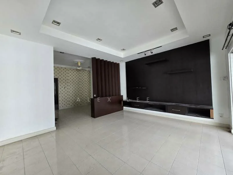 Living features: white painted walls, cream tiled flooring, tray ceiling with recessed lighting, ceiling fan, feature wall with dark wood paneling, built-in shelving unit, large windows with natural light, open layout to adjacent room; style: modern.