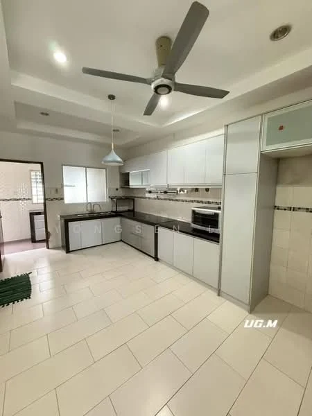 Kitchen features: white cabinetry with flat-panel doors, black countertop, stainless-steel sink, chrome pull-down faucet, built-in oven, freestanding range oven, microwave, refrigerator, pendant light, 5-blade ceiling fan, ceramic tile flooring, wall-mounted cabinets, tile backsplash, open shelving; style: modern.