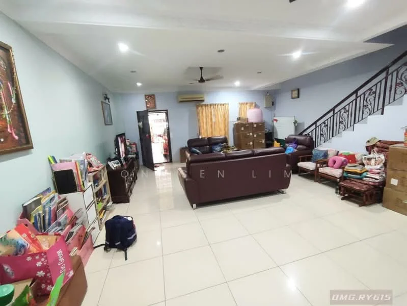 Living features: cream painted walls, white ceiling with recessed downlights, large floor tiles, 3-seater leather sofa in dark brown, 2-seater leather sofa in dark brown, coffee table, wall-mounted TV, bookshelves with books and decorative items, air conditioning unit, curtains in yellow fabric, decorative wall art, staircase with wooden railing; style: contemporary.