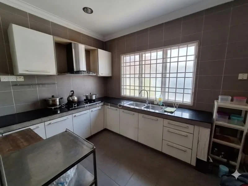 Kitchen features: white cabinetry with flat-panel doors, black countertop, stainless-steel range hood, built-in oven, freestanding gas stove, double-bowl stainless-steel sink, window with grid pattern, grey tiled walls, grey tile flooring, open shelving unit, kitchen utensils on countertop; style: modern.