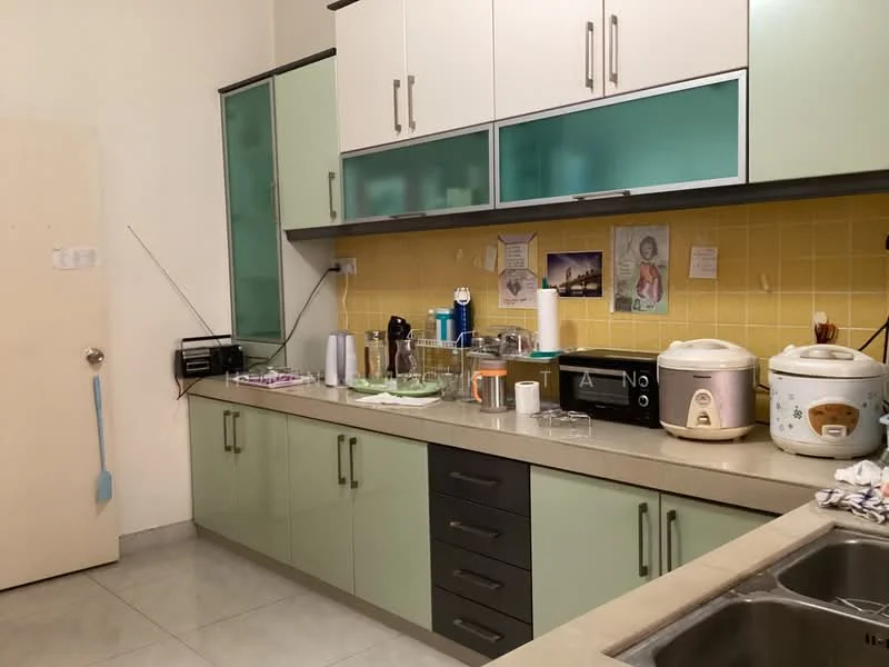 Kitchen features: green and white cabinetry, grey countertop, stainless-steel sink, double-bowl stainless-steel sink, built-in microwave, rice cooker, toaster, kettle, various kitchen utensils, yellow tiled backsplash, wall-mounted storage, floor tiles, open shelving; style: modern.